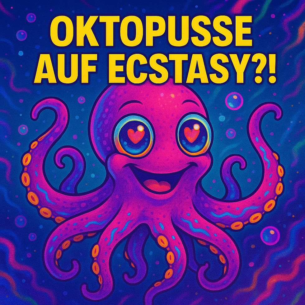 Illustration eines fröhlich wirkenden, pink-violetten Oktopus mit großen Augen voller Herzsymbole, umgeben von stilisierten Blasen und bunten Wellen. Der Look ist cartoonhaft und leuchtend, passend zur Frage “Oktopusse auf Ecstasy?!”, die prominent als Text über dem Tier steht.