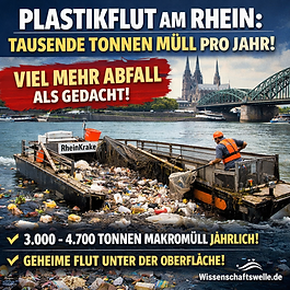 Schwimmende Müllfalle ‚RheinKrake‘ sammelt große Mengen Plastik und Abfall im Rhein bei Köln, im Hintergrund Dom und Brücke. Text auf dem Bild warnt vor tausenden Tonnen Müll pro Jahr und deutlich mehr Abfall als bisher gedacht. Hinweis auf Wissenschaftswelle.de.