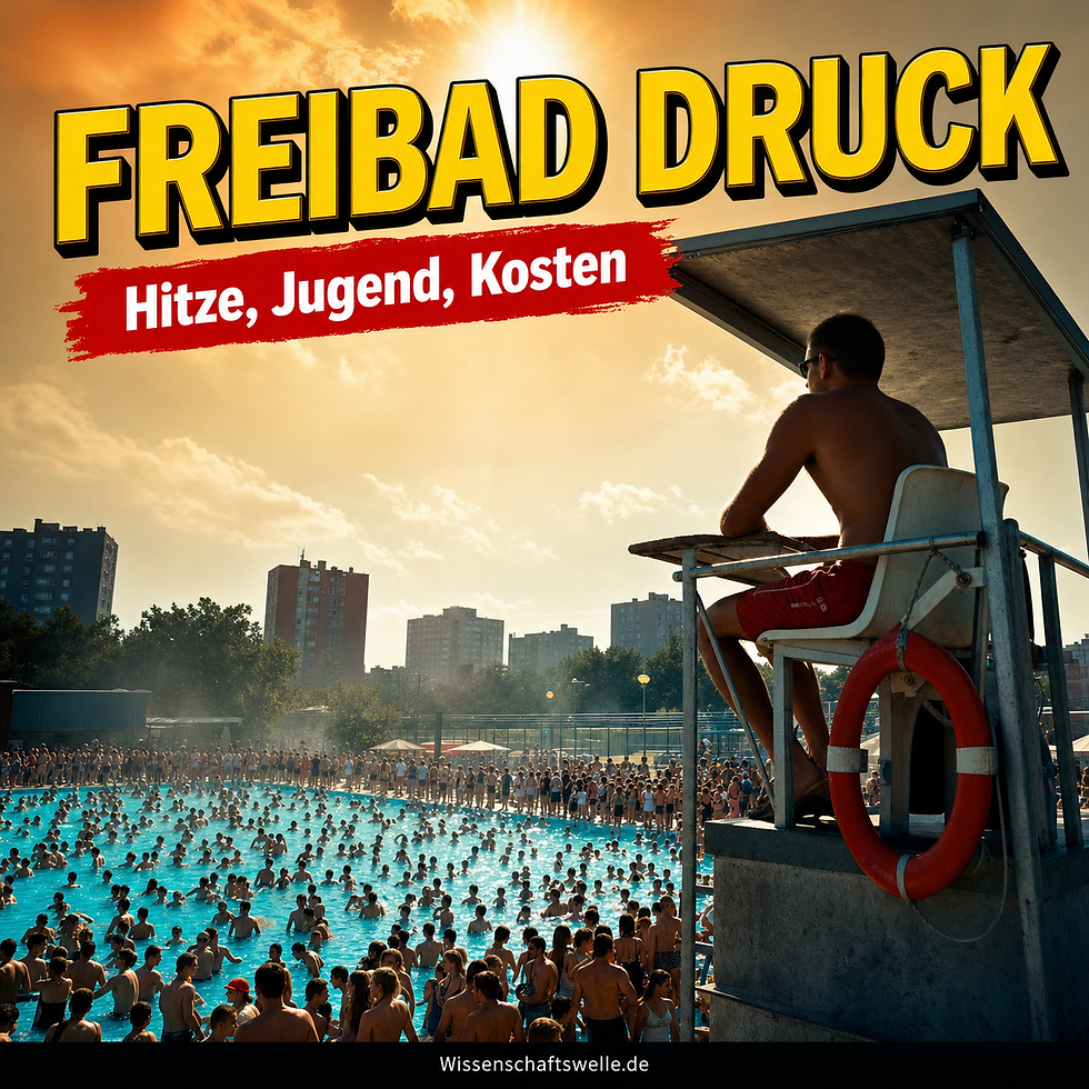 Überfülltes öffentliches Freibad an einem extrem heißen Sommertag, beobachtet von einem Bademeister auf hohem Stuhl vor städtischer Kulisse.