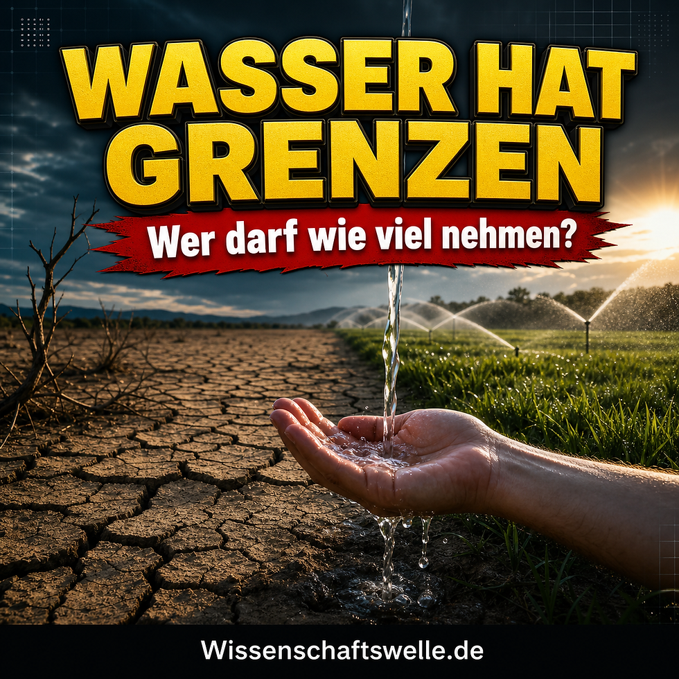 Quadratisches Wissenschaftswelle-Cover mit einer gelben 3D-Headline über einer dramatischen Szene aus einer halb ausgetrockneten Landschaft, in der eine Hand Wasser auffängt, während im Hintergrund Sprinkler sattes Grün bewässern.