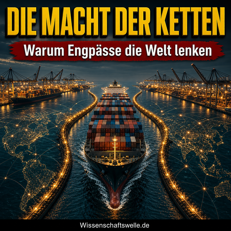 Ein großes Containerschiff fährt durch einen leuchtenden maritimen Engpass zwischen zwei Hafenanlagen; darüber steht in großer Typografie »Die Macht der Ketten«.