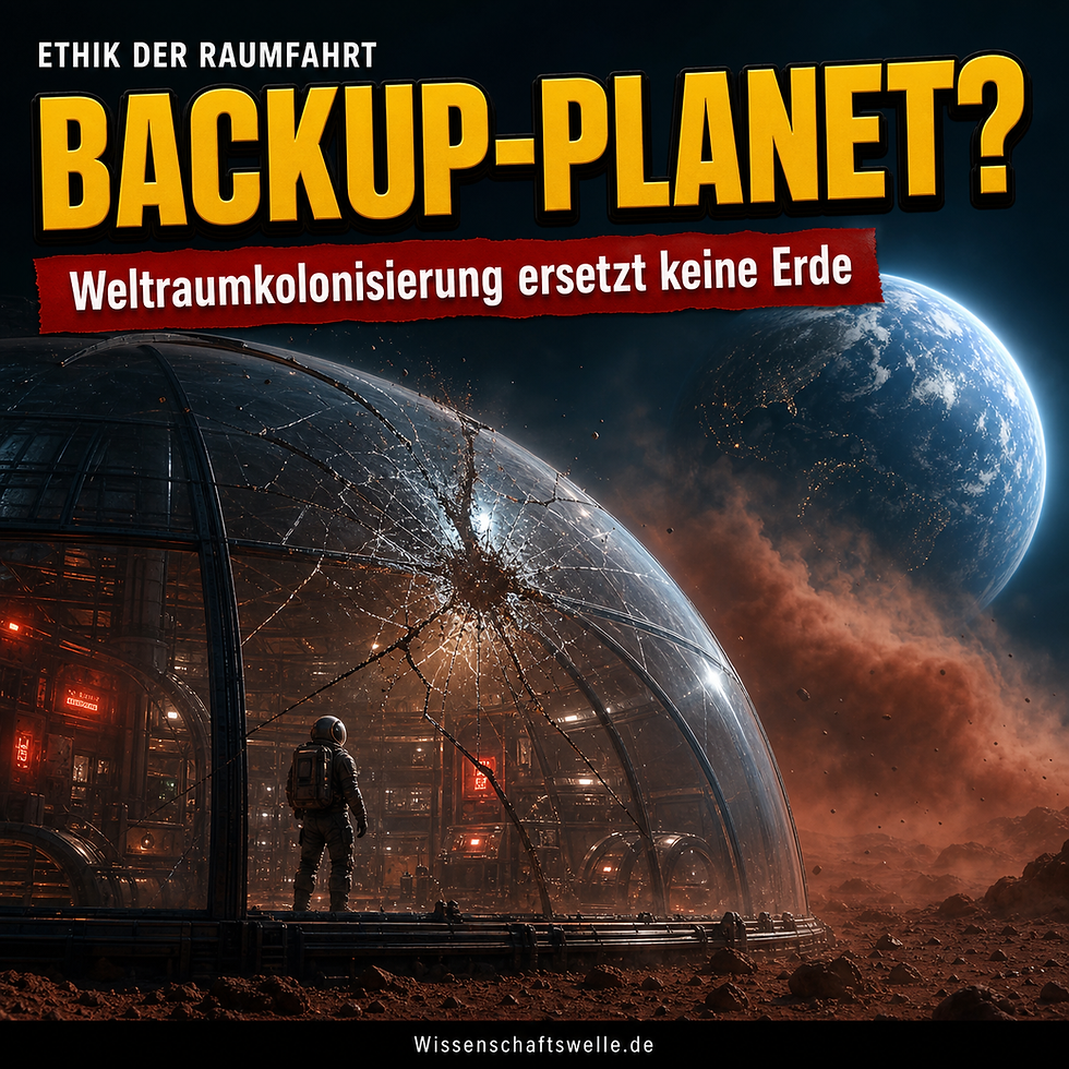 Ein rissiges transparentes Mars-Habitat in roter Staublandschaft; darin steht ein Astronaut, während die Erde groß am dunklen Himmel erscheint.