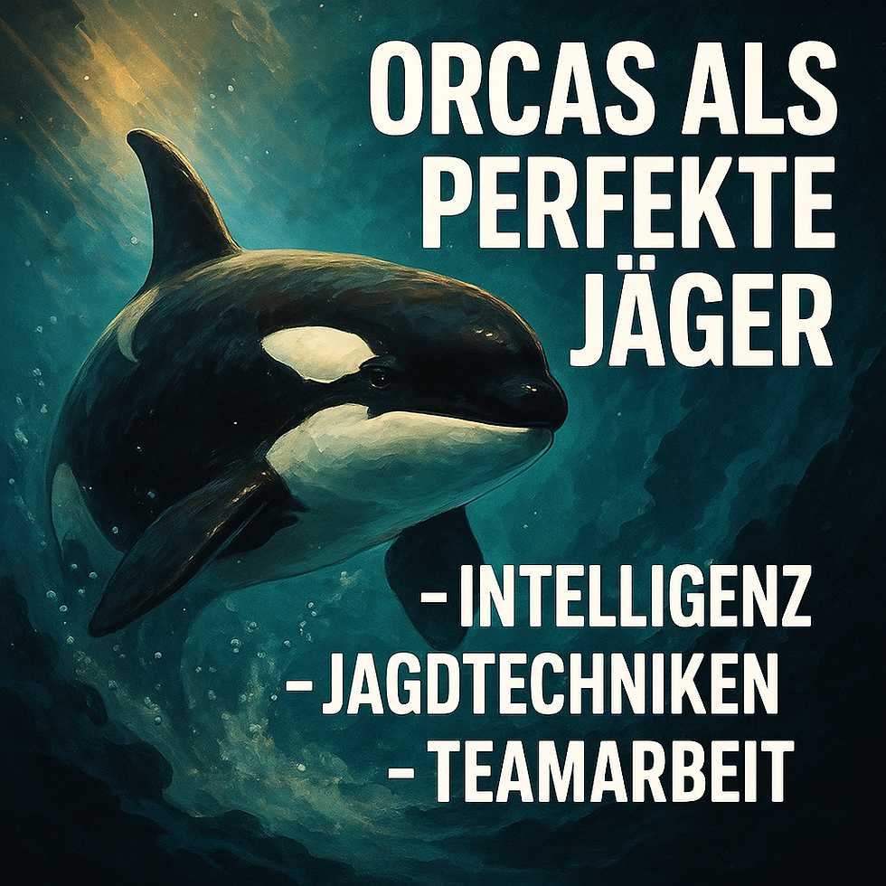 Ein Orca schwimmt schräg von links nach vorn durch grünlich-blaues Wasser; Lichtfetzen tanzen über dem Rücken. Rechts stehen in großer, weißer Schrift die Worte „Orcas als perfekte Jäger – Intelligenz – Jagdtechniken – Teamarbeit“. Die Szene vermittelt Dynamik und Fokus des Tieres unter Wasser.