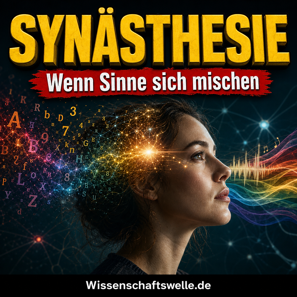 Quadratisches Wissenschaftswelle-Cover mit einer nachdenklichen Frau im Profil, umgeben von schwebenden Buchstaben, Farbfeldern und Lichtimpulsen, dazu die gelbe Überschrift „SYNÄSTHESIE“ und der rote Banner „Wenn Sinne sich mischen“.