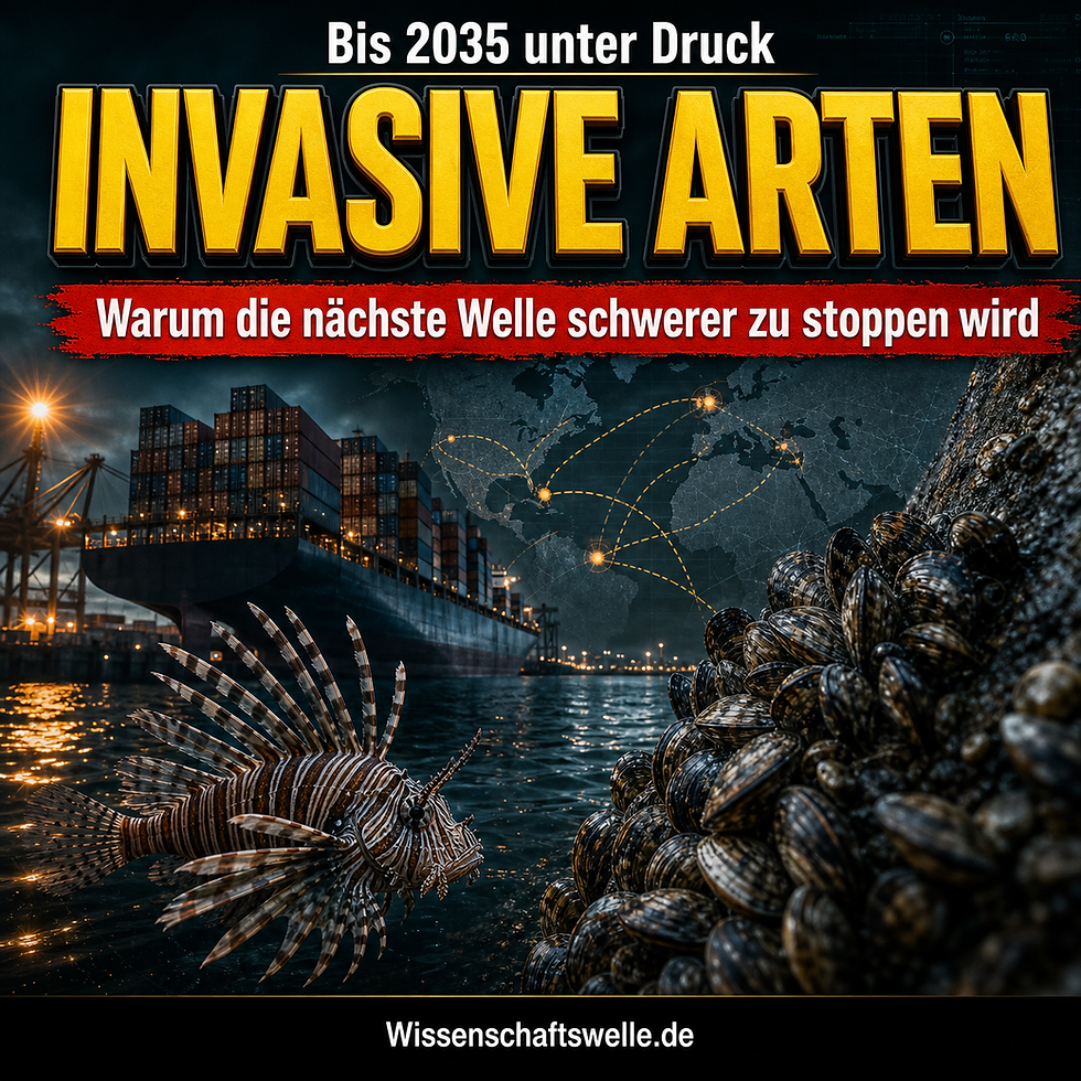 Ein Containerhafen bei Nacht, im Wasser ein Rotfeuerfisch und am Kai dicht sitzende Muscheln als Symbol für die nächste Welle invasiver Arten.