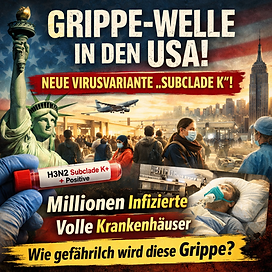 Quadratisches, realistisches Titelbild zur Grippewelle in den USA: Freiheitsstatue und New Yorker Skyline im Hintergrund, davor viele reisende Menschen mit Schutzmasken in einer Flughafen-Szene. Im Vordergrund ein Reagenzglas mit der Aufschrift ‚H3N2 Subclade K+‘ sowie ein Patient im Krankenhausbett mit Sauerstoffmaske. Große Schlagzeile: ‚Grippe-Welle in den USA! Neue Virusvariante Subclade K‘, darunter der Teaser ‚Millionen Infizierte – volle Krankenhäuser. Wie gefährlich wird diese Grippe?