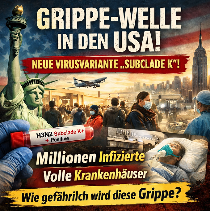 Quadratisches, realistisches Titelbild zur Grippewelle in den USA: Freiheitsstatue und New Yorker Skyline im Hintergrund, davor viele reisende Menschen mit Schutzmasken in einer Flughafen-Szene. Im Vordergrund ein Reagenzglas mit der Aufschrift ‚H3N2 Subclade K+‘ sowie ein Patient im Krankenhausbett mit Sauerstoffmaske. Große Schlagzeile: ‚Grippe-Welle in den USA! Neue Virusvariante Subclade K‘, darunter der Teaser ‚Millionen Infizierte – volle Krankenhäuser. Wie gefährlich wird diese Grippe?