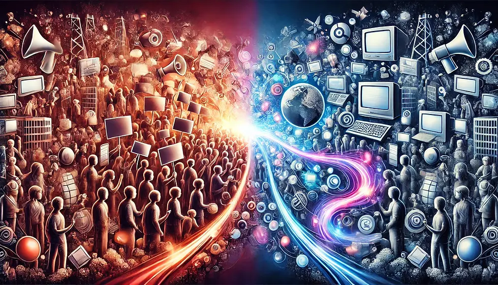 Ein dramatisches Bild zeigt die Verbindung zwischen sozialen Bewegungen und Medien. Auf der linken Seite stehen Protestierende mit erhobenen Schildern, die Solidarität und Aktivismus symbolisieren. Auf der rechten Seite leuchten digitale Geräte und traditionelle Medien, wie Zeitungen und Fernseher, in einem scharfen Kontrast. Beide Seiten sind durch einen wirbelnden Lichtstrom verbunden, der die Interaktion und den Informationsfluss zwischen Bewegung und Medien darstellt. Die Szene ist in lebhaften Farben gehalten, mit einem dunklen, mystischen Hintergrund.