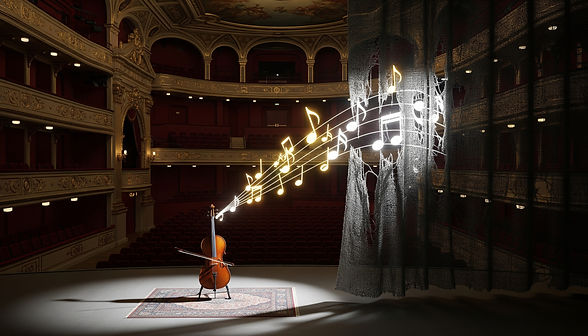 In einem großen, leeren Konzertsaal spielt ein Cello auf der Bühne von selbst. Leuchtende Musiknoten steigen von ihm auf. Ein grober, zerrissener Stoffvorhang fällt von oben durch das Bild und kreuzt den Weg der Noten. Dort, wo der Stoff die Noten verdeckt, sind diese nur noch als schemenhafte, leuchtende Konturen zu sehen, die ihre aufsteigende Bewegung durch den Stoff hindurch fortsetzen.