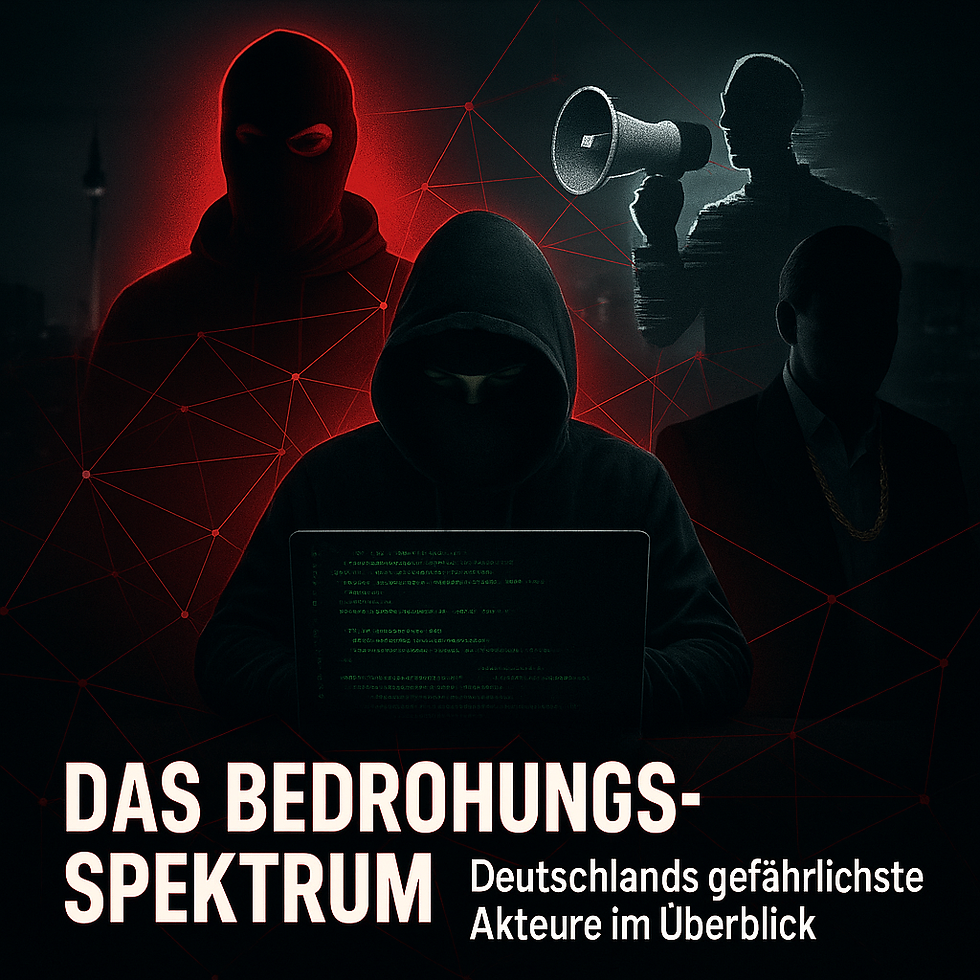 Dunkles Keyvisual mit drei vermummten, silhouettenhaften Figuren; im Vordergrund sitzt eine Person mit Kapuze vor einem Laptop mit grünem Code. Rote Netzlinien verbinden die Figuren wie ein Bedrohungsradar, rechts eine Gestalt mit Megafon. Unten steht groß der Titel „Das Bedrohungsspektrum – Deutschlands gefährlichste Akteure im Überblick“.