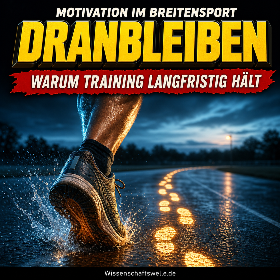 Nahaufnahme eines Laufschuhs, der auf einer nassen Laufbahn aufsetzt, während leuchtende Fußspuren in die Kurve führen; darüber steht groß „Dranbleiben“.