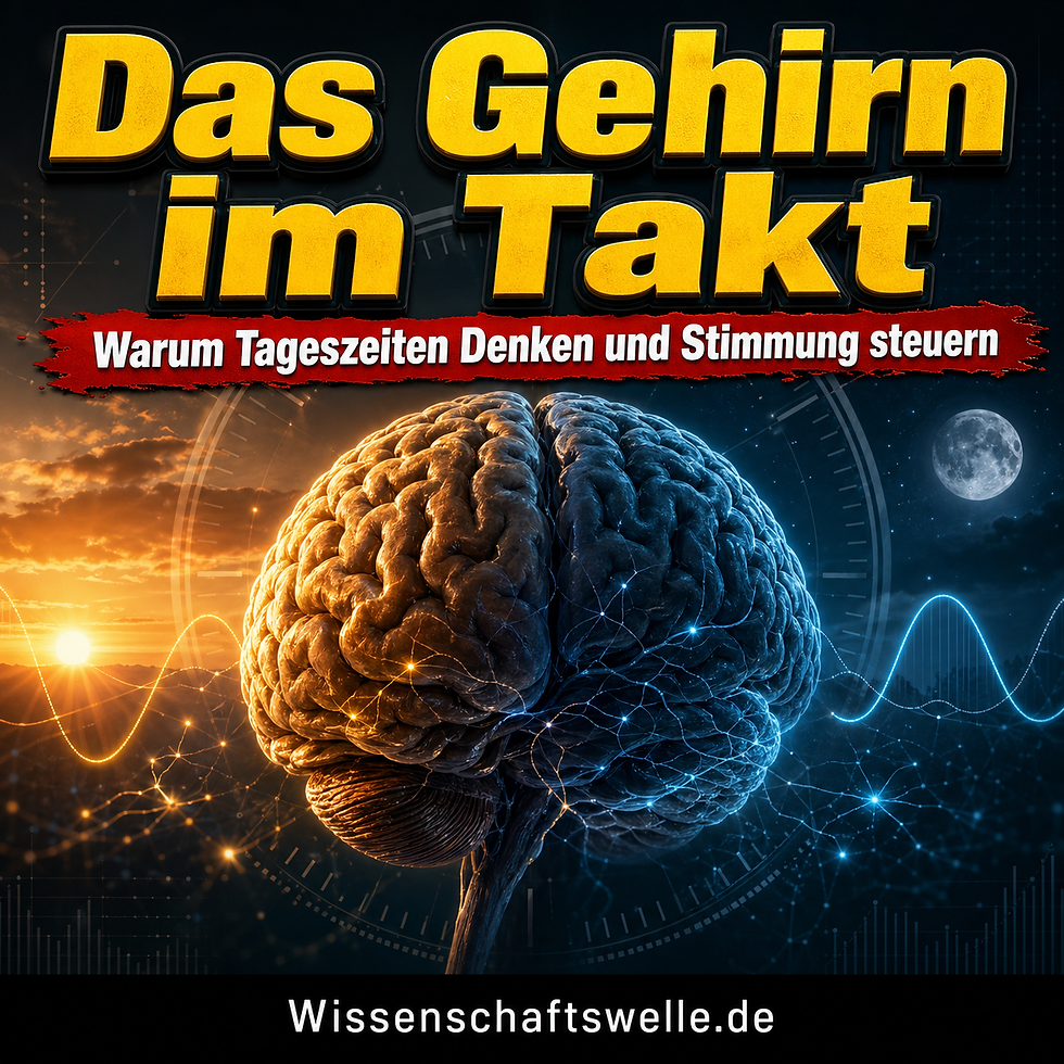 Ein menschliches Gehirn zwischen Sonnenaufgang und Nachtlicht, darüber der Titel „Das Gehirn im Takt“ und die Unterzeile über Tageszeiten, Denken und Stimmung.