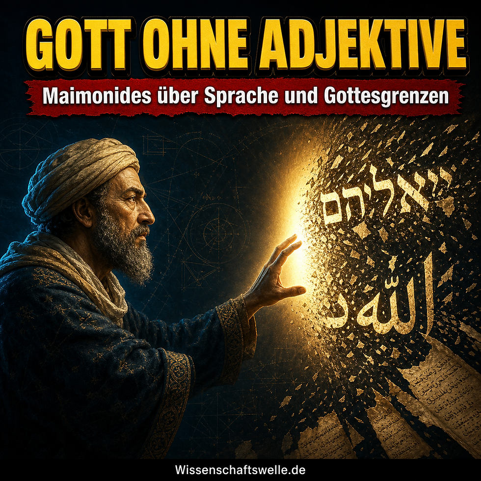 Ein mittelalterlicher Gelehrter im Profil streckt die Hand zu zerbrechenden hebräischen und arabischen Gottesworten aus; darüber steht die gelbe Titelzeile 'Gott ohne Adjektive'.
