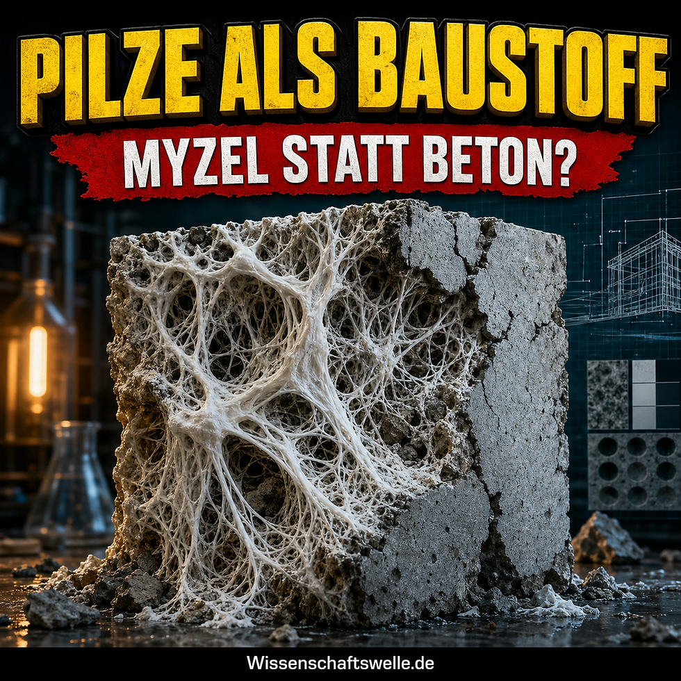 Ein aufgebrochener Betonblock, der von weißen Myzelfäden durchzogen und teilweise überwuchert wird, vor einer dunklen technischen Labor- und Baukulisse.