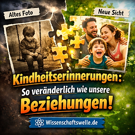 Geteiltes Titelbild im quadratischen Format: links ein sepiafarbenes, trauriges Kind allein auf einer Schaukel mit der Aufschrift „Altes Foto“, rechts eine helle, farbige Szene mit fröhlichem Kind und unterstützenden Eltern, überschrieben mit „Neue Sicht“. In der Mitte verbinden leuchtende Puzzleteile beide Seiten. Große Headline: „Kindheitserinnerungen: So veränderlich wie unsere Beziehungen!“ Unten der Hinweis „Wissenschaftswelle.de“.