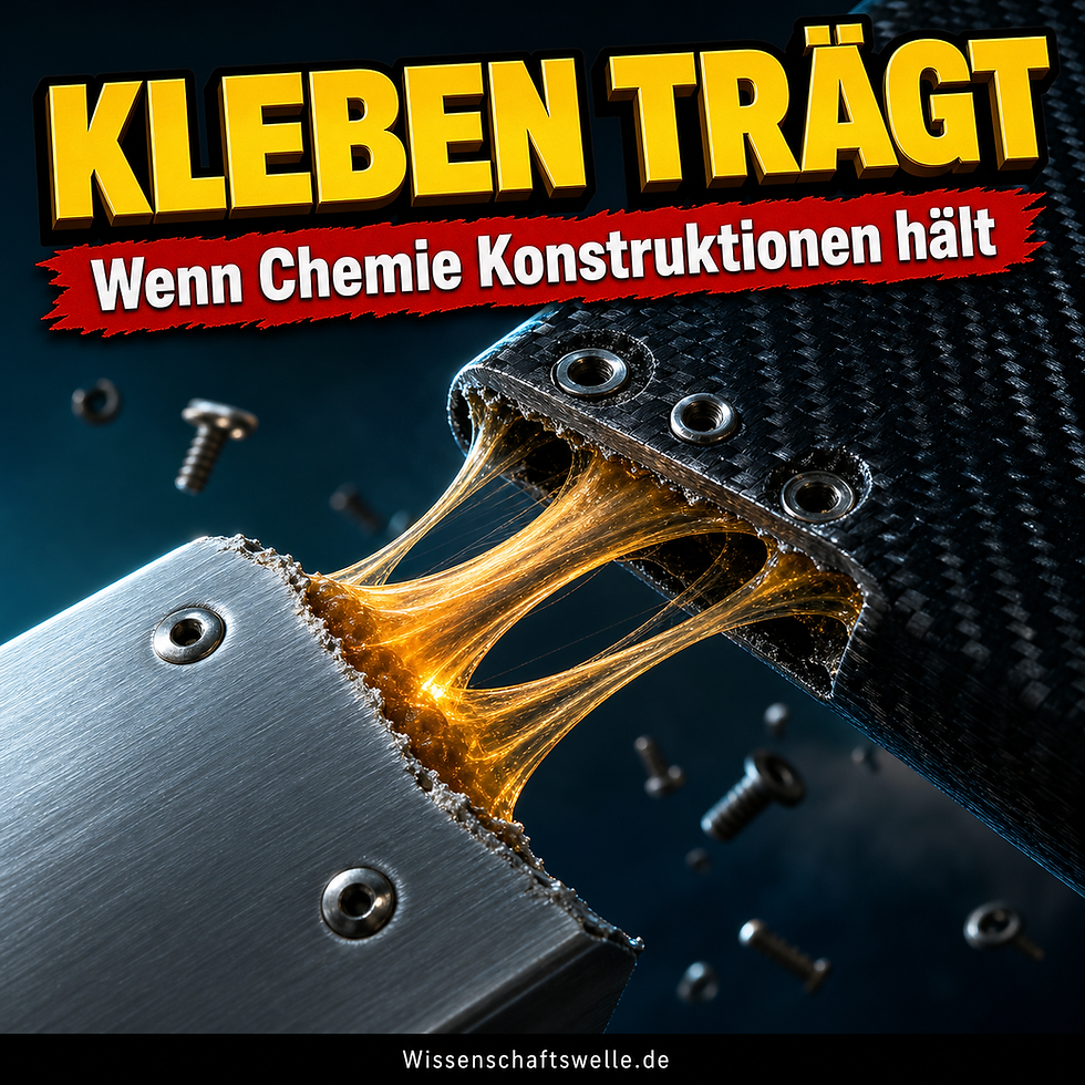Eine glühende Klebstoffbrücke hält ein Aluminium- und ein Carbonbauteil trotz starker Zugbelastung zusammen, während Schrauben im Hintergrund wegfliegen.