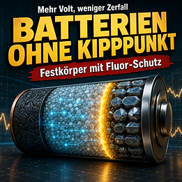 Wissenschaftswelle-Cover mit einer aufgeschnittenen Festkörperbatterie, kristallinen Elektrolytschichten und einer leuchtenden Schutzgrenzfläche zwischen Elektrolyt und Kathode.