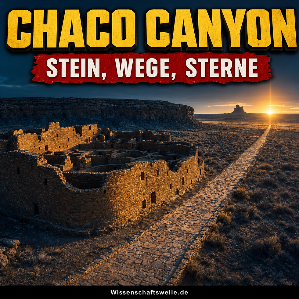 Monumentales Great House im Chaco Canyon bei tief stehender Sonne, davor eine schnurgerade steinerne Straße, die durch die trockene Landschaft bis zum Horizont läuft.