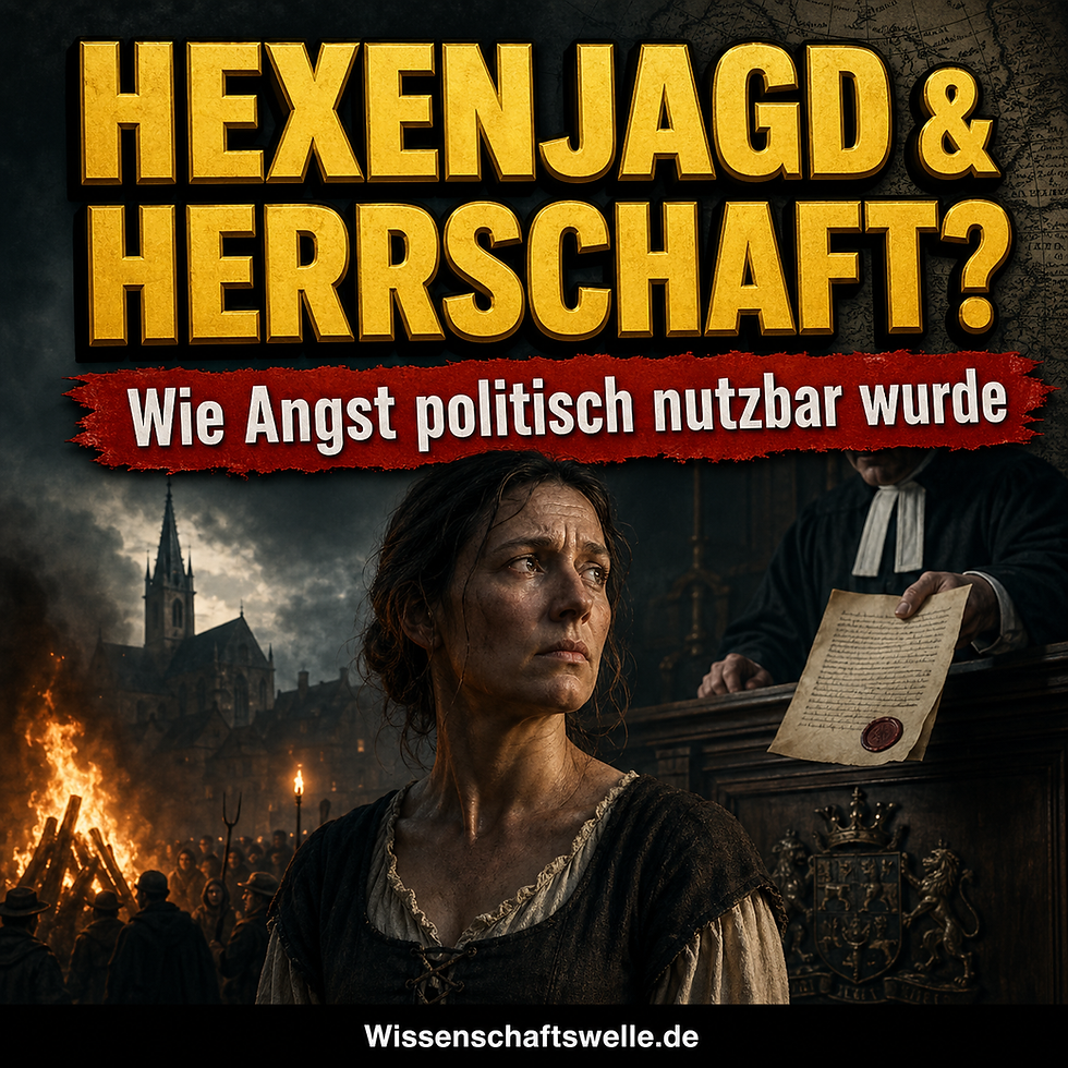 Quadratisches Cover mit einer verängstigten Frau der frühen Neuzeit im Vordergrund, einem Richter mit Schriftstück, brennendem Scheiterhaufen und Kirchenkulisse im Hintergrund sowie der gelben Überschrift „HEXENJAGD & HERRSCHAFT?“ und dem roten Banner „Wie Angst politisch nutzbar wurde“.