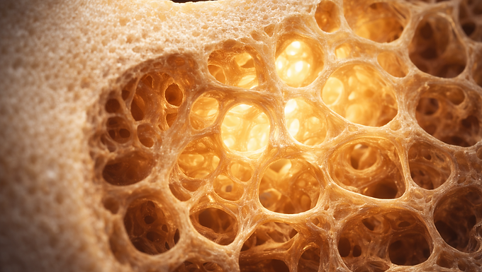 Eine fotorealistische, hochauflösende Nahaufnahme einer Knochenstruktur im Querschnitt. Zu sehen ist der Übergang von der soliden äußeren Knochenrinde zur filigranen, netzartigen Struktur der Spongiosa im Inneren. Das Bild ist in warmen, organischen Tönen gehalten – Elfenbein, sanftes Gold und tiefes Bernstein. Durch die Poren der schwammartigen Struktur fällt ein sanfter Lichtstrahl, der die feinen, architektonischen Verstrebungen (Trabekel) plastisch hervorhebt und die Dynamik und Leichtigkeit des lebendigen Gewebes betont.