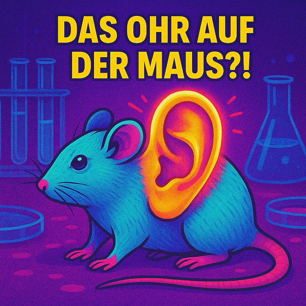 Eine stilisierte, blau-violette Labor-Szene zeigt eine gezeichnete Maus mit einer großen, gelb-orange leuchtenden ohrförmigen Struktur auf dem Rücken. Reagenzgläser und Petrischalen im Hintergrund verweisen auf Forschung; der Kontrast betont das „Ohr auf der Maus“ als zentrales Motiv.