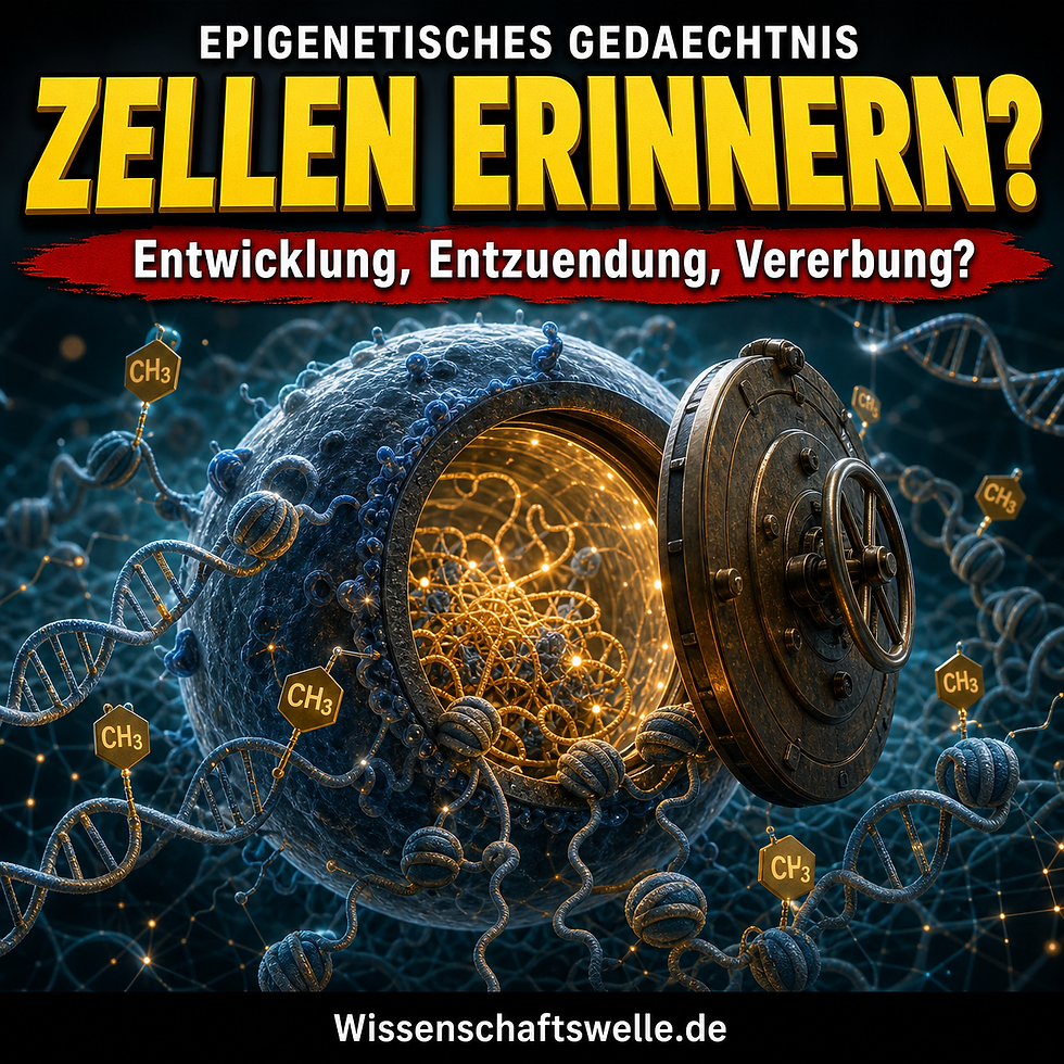Leuchtender Zellkern mit DNA-Strängen und schwebenden epigenetischen Markierungen vor dunklem Hintergrund; darüber die Schlagzeile zum epigenetischen Gedächtnis im Wissenschaftswelle-Stil.