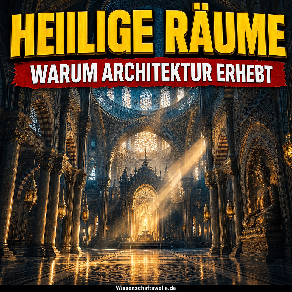 Quadratisches Cover mit monumentalem sakralem Innenraum, goldenen Lichtstrahlen in einer hohen Kuppelhalle, gelber Headline „Heilige Räume“, rotem Banner „Warum Architektur erhebt“ und kleinem Footer-Branding „Wissenschaftswelle.de“.