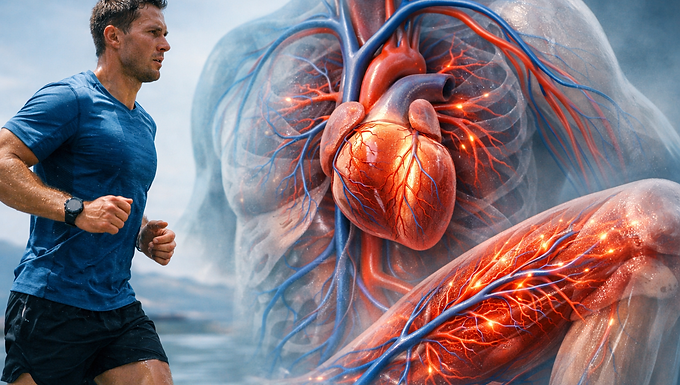 Fotorealistische 16:9-Szene: Links läuft ein trainierter Läufer im Freien, rechts ist sein Oberkörper halbtransparent dargestellt und zeigt ein anatomisch plausibles Herz mit großen Arterien und Venen; in Brust und Bein sind fein verzweigte, rot leuchtende Kapillarnetze sichtbar, die den erhöhten Blutfluss zur arbeitenden Muskulatur symbolisieren, vor kühlem, ruhigem Hintergrundlicht ohne Schrift oder Logos.