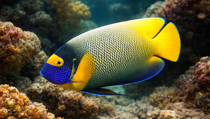 Ein Kaiserfisch schwimmt seitlich durch klares, blaugrünes Meerwasser in der Nähe eines Korallenriffs. Sein Körper zeigt ein feines, schuppenartiges Muster in Grau und Gelb, der Schwanz und die Flossen leuchten kräftig gelb. Der Kopf ist intensiv blau gefärbt mit kleinen hellen Punkten, während bunte Korallen und Felsstrukturen den Hintergrund bilden.