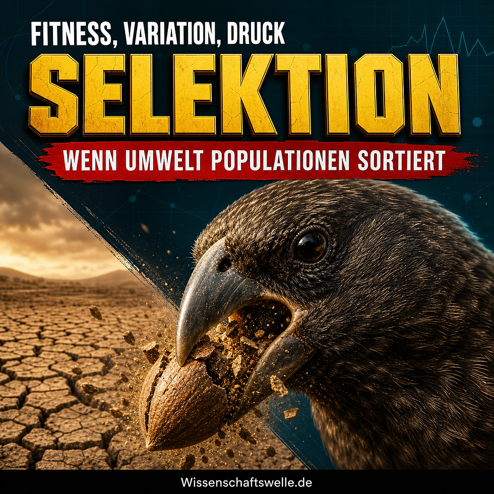 Nahaufnahme eines Darwinfinken, der vor rissigem Dürreboden einen harten Samen aufbricht; darüber Titeltexte zum Thema Selektion.