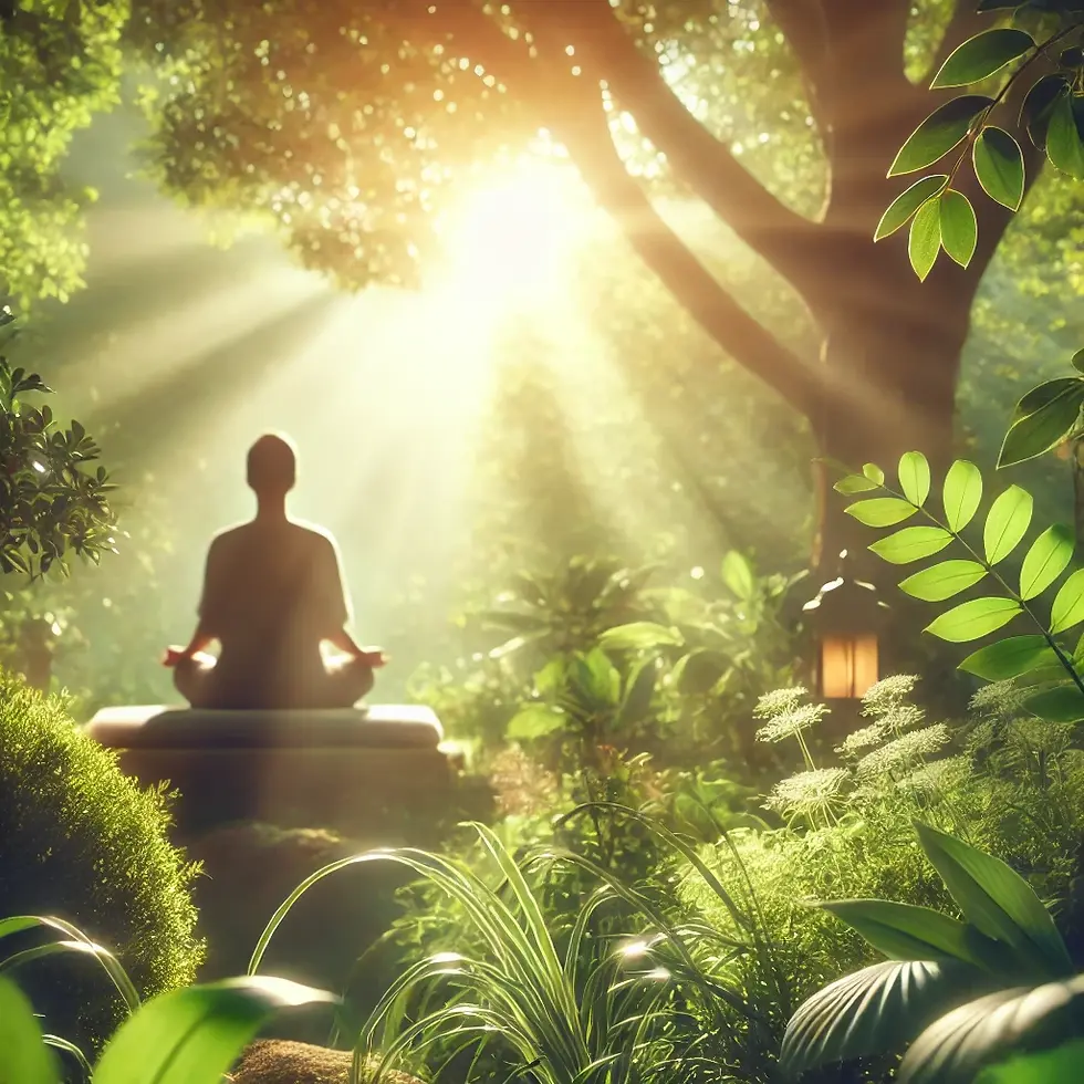 Ein harmonisches und beruhigendes Bild zeigt eine Person, die inmitten einer grünen Landschaft meditiert. Sanfte Sonnenstrahlen fallen durch die Bäume, während eine ruhige Atmosphäre von Achtsamkeit und Gelassenheit vermittelt wird. Die Balance aus natürlichen Farben und Licht schafft eine inspirierende Szene der Entspannung.