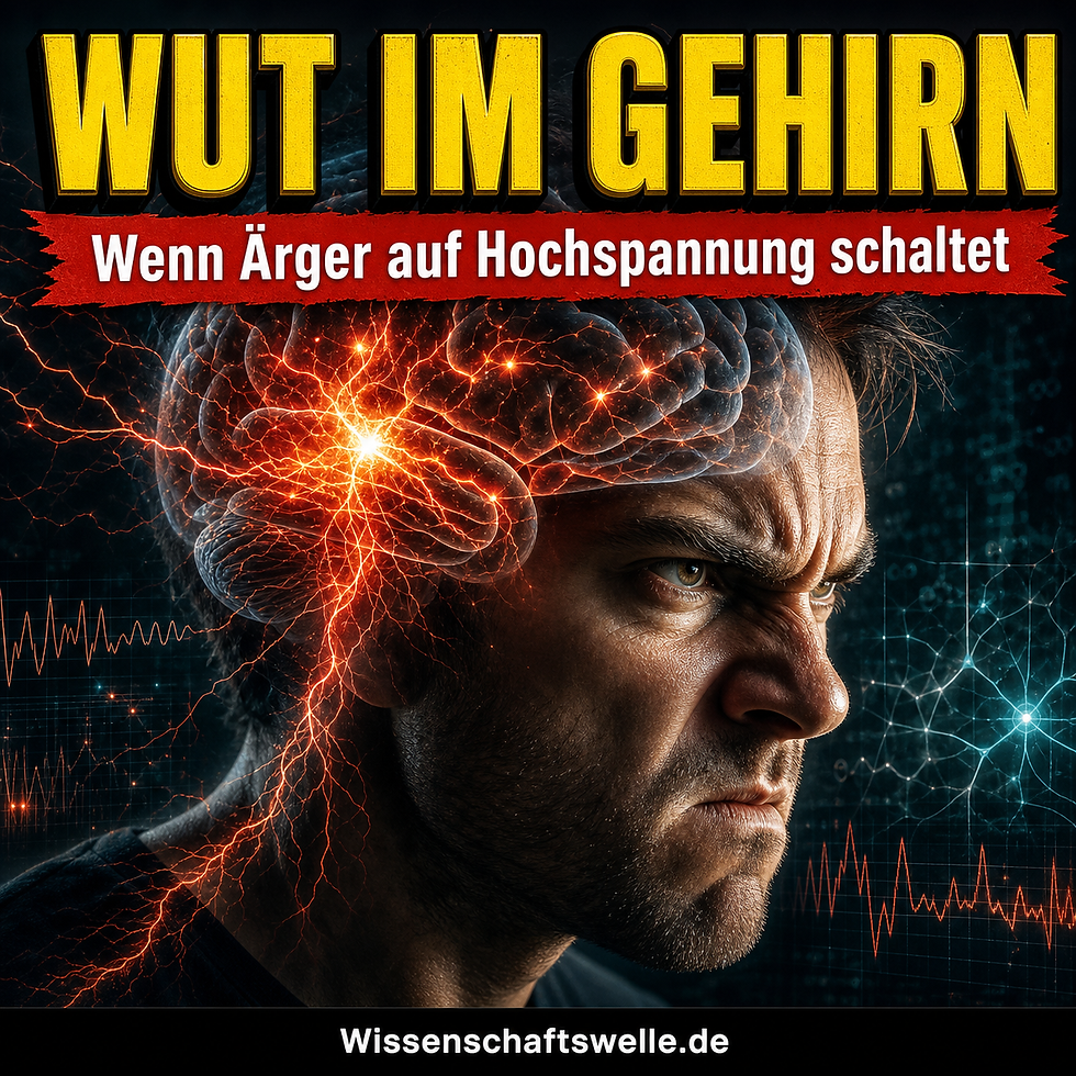 Quadratisches Wissenschaftswelle-Cover mit einem angespannten menschlichen Gesicht im dramatischen Seitenlicht, glühenden neuronalen Bahnen im Kopfbereich und gelber 3D-Überschrift über einem roten Banner.