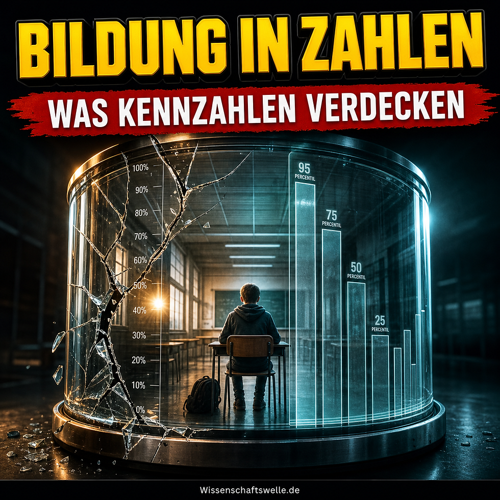 Ein einzelner Schüler sitzt in einem Klassenzimmer, das in einem transparenten Messzylinder mit Prozentskalen und leuchtenden Balkendiagrammen eingeschlossen ist; das Glas reißt auf.