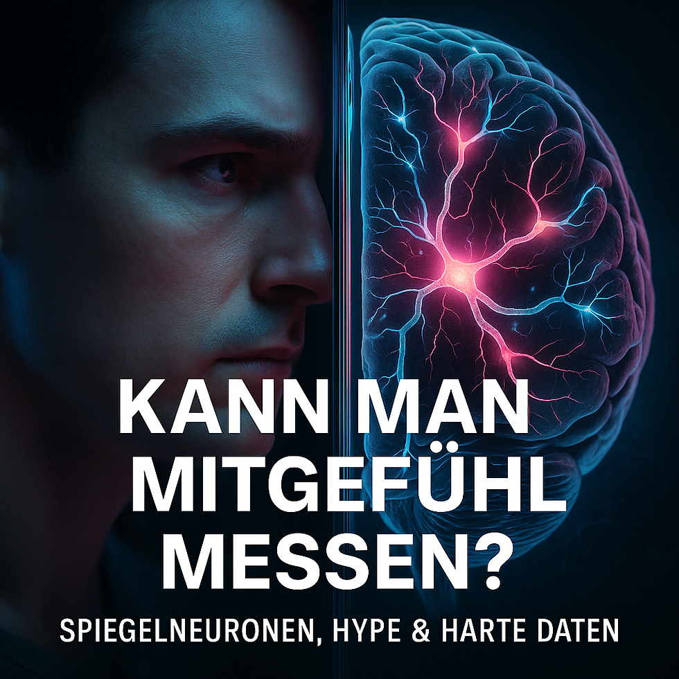 Nahaufnahme eines nachdenklichen Gesichts, das seitlich auf ein transparentes Objekt blickt. Hinter der Scheibe ist ein stilisiertes Gehirn mit leuchtenden, verzweigten Aktivitätsmustern zu sehen. Große weiße Schrift stellt die Frage „Kann man Mitgefühl messen?“ und verweist auf Spiegelneuronen, Hype und Daten.