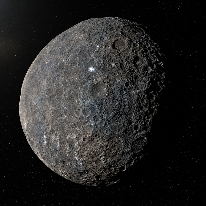 Fotorealistische Nahansicht des Asteroiden Pallas mit unregelmäßiger, stark verkrateter und verkraterter Oberfläche, dunklem Gestein und einem kleinen hellen Fleck vor schwarzem Weltraum.