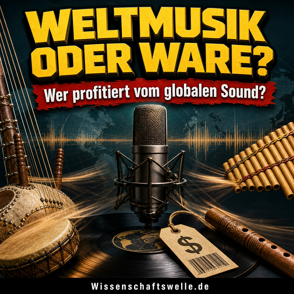 Quadratisches Cover mit großem gelbem Titel „WELTMUSIK ODER WARE?“, rotem Banner „Wer profitiert vom globalen Sound?“, zentralem Studiomikrofon, Schallplatte mit Preisschild und traditionellen Instrumentdetails vor dunklem Welthintergrund.