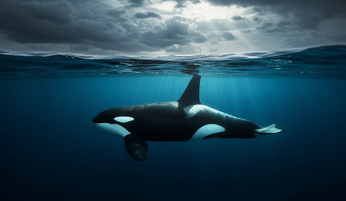 Ein geteiltes Bild zeigt einen schwarzen und weißen Orca, der knapp unter der Wasseroberfläche in tiefblauem Wasser schwimmt. Von oben dringen helle Sonnenstrahlen durch das Wasser und beleuchten den Wal. Über der Wasseroberfläche ist ein dramatischer, dunkler Wolkenhimmel zu sehen, durch den ebenfalls Sonnenlicht bricht.