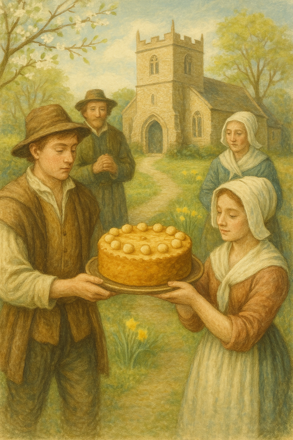In sanften, frühlingshaften Pastelltönen zeigt das Bild eine ländliche Szene aus dem 17. Jahrhundert: Vier schlicht gekleidete Menschen bringen einen Simnel Cake zur Kirche – ein traditioneller Brauch zum "Mothering Sunday". Die alte englische Steinkirche steht im Hintergrund, eingerahmt von blühenden Bäumen und Narzissen. Die Szene strahlt eine ruhige, ehrfürchtige Atmosphäre aus und verbindet religiöse Tradition mit familiärer Verbundenheit.