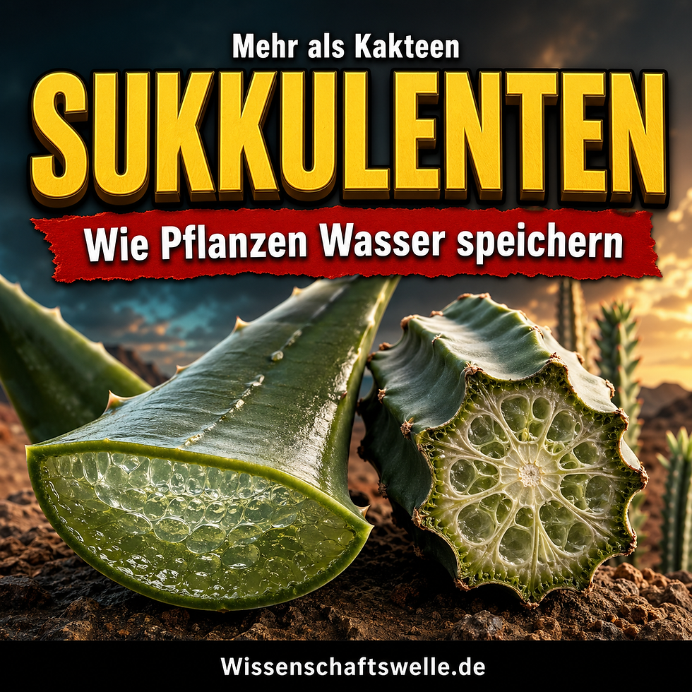 Fotorealistisches Titelbild mit aufgeschnittener Aloe, querschnittigem Euphorbia-Spross und sichtbaren wasserreichen Speichergeweben unter der Überschrift Sukkulenten.