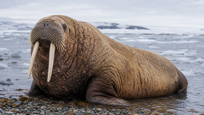 Ein erwachsenes Walross liegt an einem arktischen Kiesstrand im flachen Wasser, mit langen hellen Stoßzähnen, dichtem Schnurrbart und graubrauner Runzelhaut vor Meereis im Hintergrund