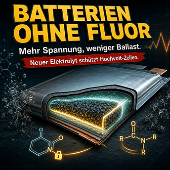 Wissenschaftswelle-Cover mit einer glühenden Hochvolt-Batteriezelle, aus der aggressive Fluor-Symbole verschwinden, während ein stabiles Elektrolyt als leuchtender Schutzfilm sichtbar wird.