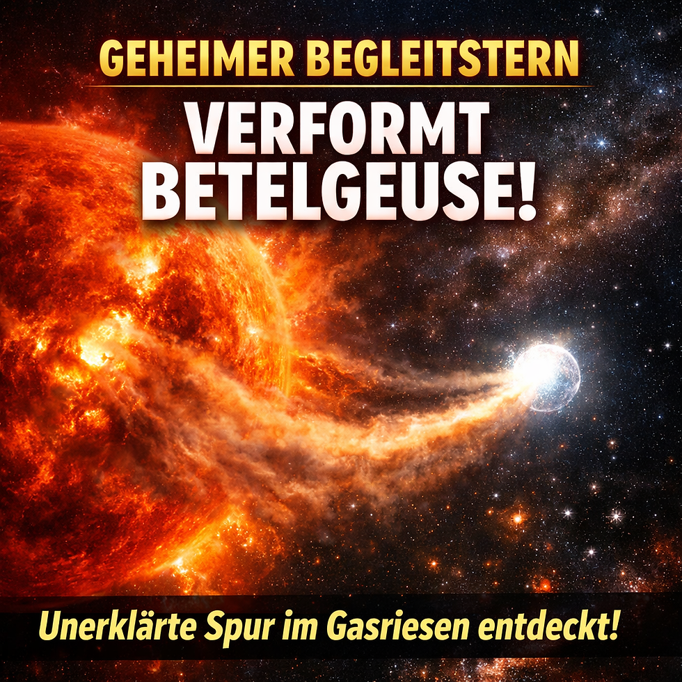 Illustration des roten Überriesen Betelgeuse mit glühend roter Oberfläche, ausgedehnter Atmosphäre und einem kleineren Begleitstern, der durch das Gas zieht und eine helle, geschwungene Gasspur hinterlässt; darüber der Teasertext „Rätsel um Betelgeuse gelöst? Spur eines geheimen Begleitsterns entdeckt!“ vor einem kosmischen Hintergrund.