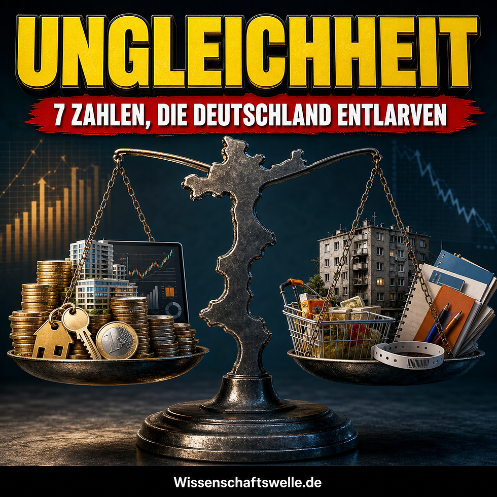 Collage aus Euro-Scheinen, Wohnblocks, Schulgängen und einer Deutschlandkarte, darüber eine gelbe Schlagzeile zur Ungleichheit in Deutschland im Wissenschaftswelle-Stil.