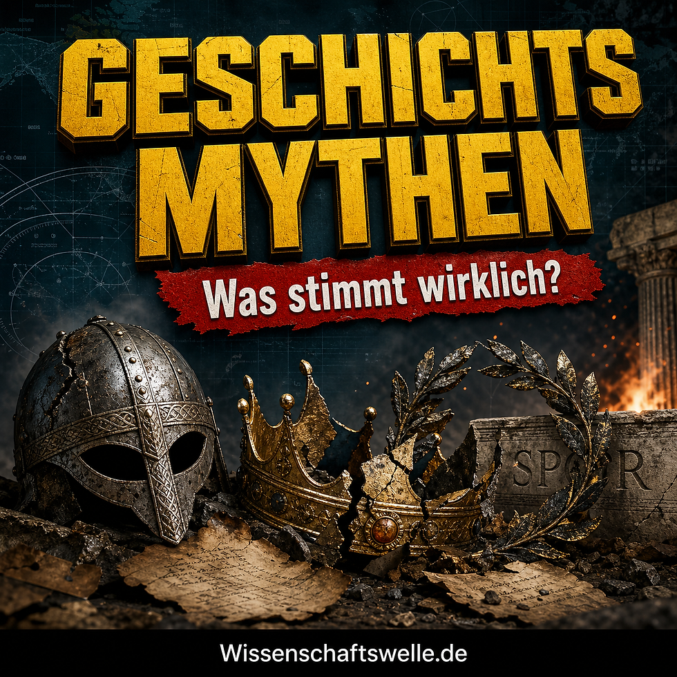 Quadratisches Wissenschaftswelle-Cover mit großer gelber 3D-Überschrift „GESCHICHTS MYTHEN“, rotem Banner „Was stimmt wirklich?“, dazu ein dramatisch beleuchtetes Ensemble aus antikem Lorbeer, Wikingerhelm ohne Hörner, Krone, Pergament und Flammen vor dunklem petrolfarbenem Hintergrund.