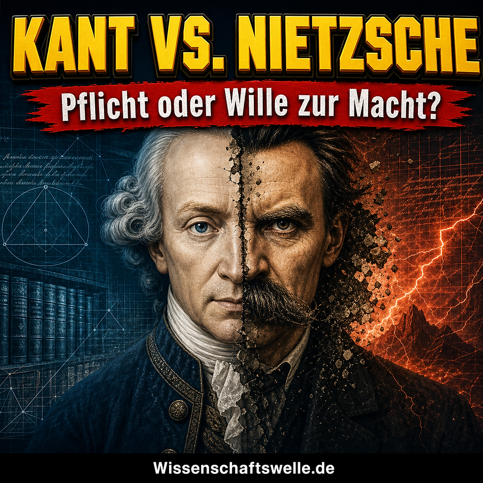 Quadratisches Cover mit einem halb in kühlem Licht, halb in warmem Schatten gezeigten klassischen Denkergesicht, gespalten zwischen strenger Vernunft und eruptiver Energie, dazu die Überschrift 'KANT VS. NIETZSCHE' und der Banner 'Pflicht oder Wille zur Macht?'.