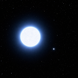 Blauweiß leuchtender Sirius A vor schwarzem Weltraum mit seinem winzigen, heißen Weißzwerg-Begleiter Sirius B als hellem Punkt daneben.