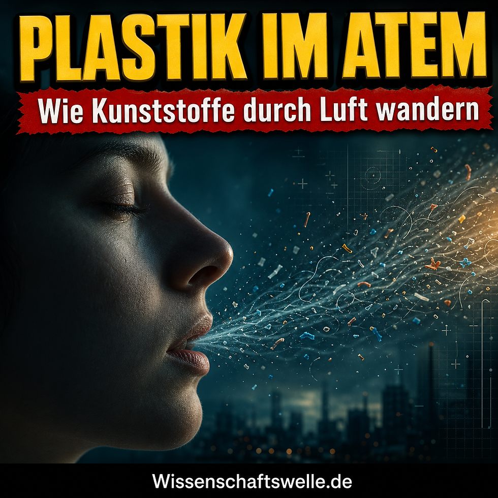 Quadratisches Cover mit einem seitlichen menschlichen Gesichtsprofil in dunklem Türkislicht, durch dessen Atem sichtbare Ströme mit schwebenden Mikroplastikfasern ziehen, dazu die gelbe Überschrift „Plastik im Atem“ und der rote Banner „Wie Kunststoffe durch Luft wandern“.