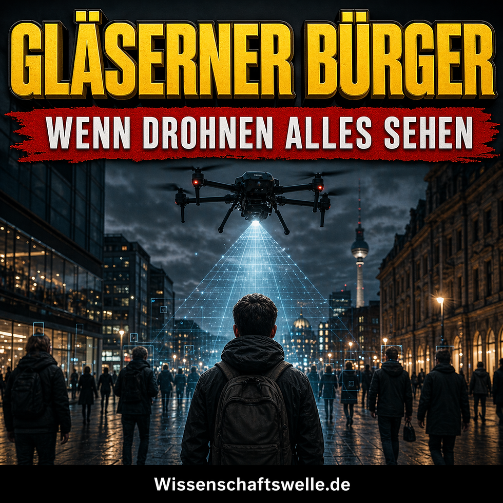 Eine große Überwachungsdrohne scannt mit einem hellen Lichtkegel eine nächtliche Stadtstraße, während im Vordergrund ein einzelner Mensch von hinten steht und von Datenlinien umgeben ist.