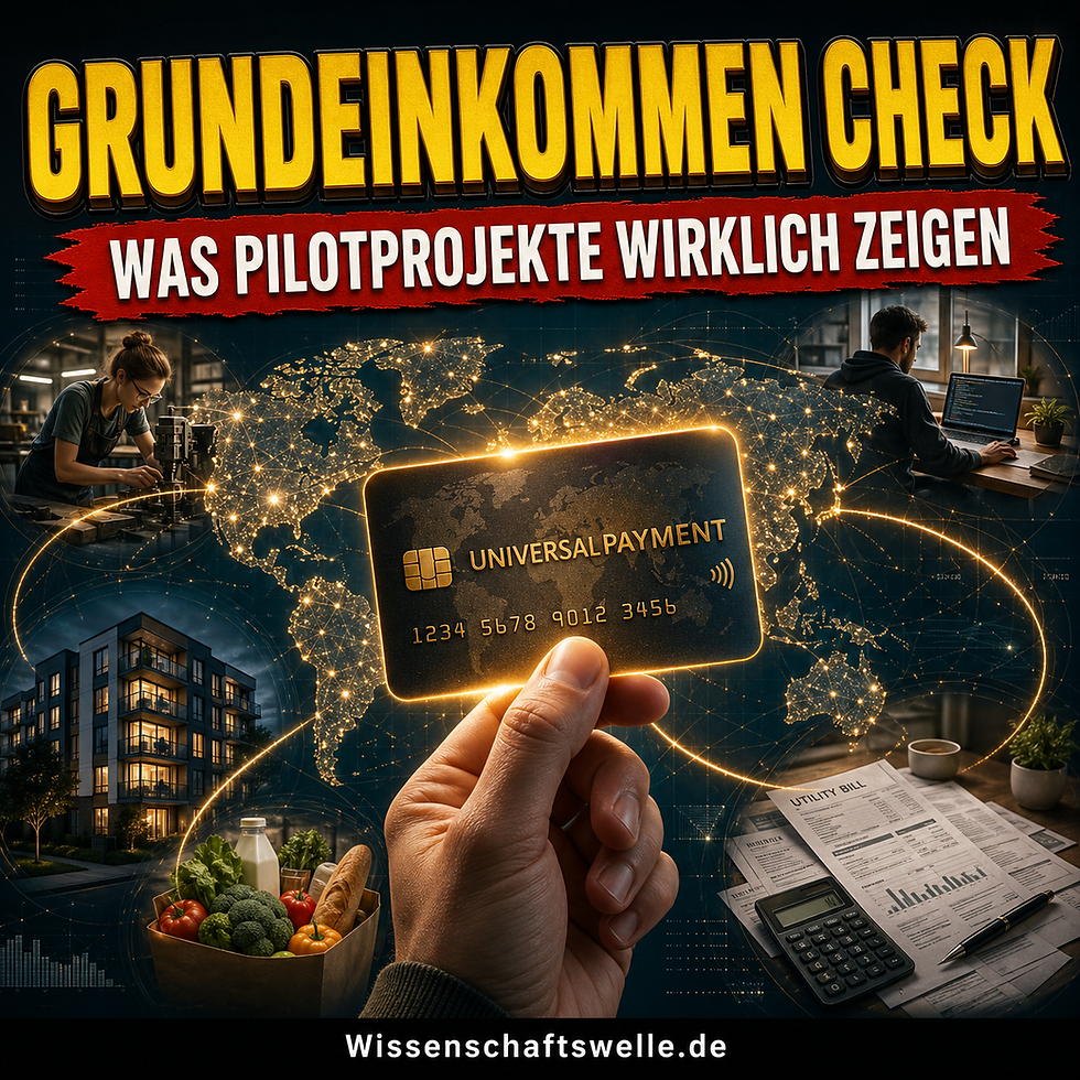 Eine Hand hält eine leuchtende Zahlungskarte vor einer digital vernetzten Weltkarte; darüber stehen die Schlagzeilen zum Realitätscheck des Grundeinkommens.