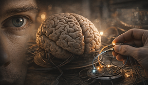 Nahaufnahme eines menschlichen Auges, eines realistisch dargestellten Gehirns und einer Hand, die feine Kabel an eine kleine technische Schnittstelle anschließt, in warmem, gedämpftem Licht – eine visuelle Metapher für Wahrnehmung, Kognition und Informationsverarbeitung.